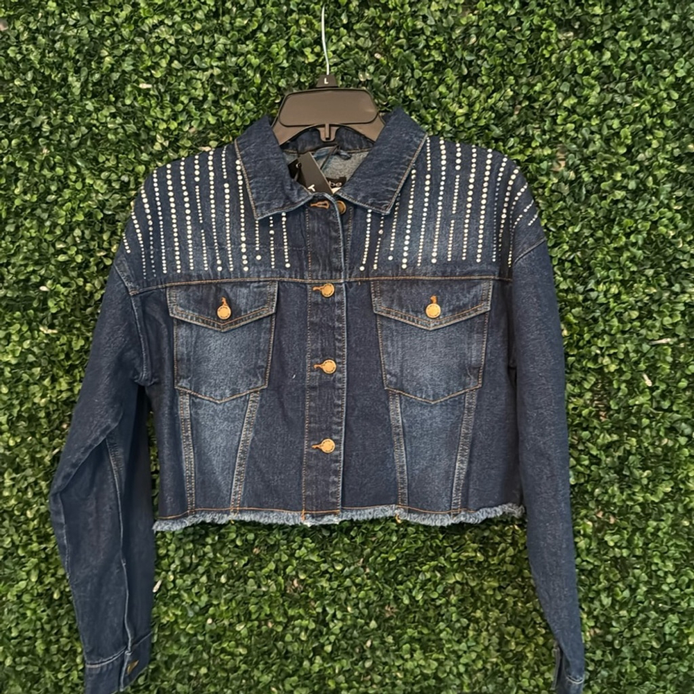 Bebe rhinestone denim cropped jacket